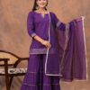 Kamee Purple V-Neck Kurta Palazzo Set with Dupatta in Cotton