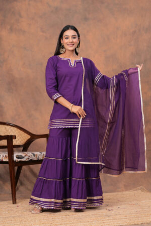 Kamee Purple V-Neck Kurta Palazzo Set with Dupatta in Cotton