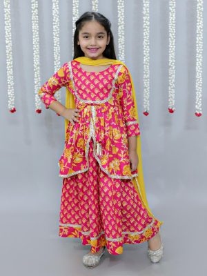 Kamee Girls Printed Cotton Lehenga & Choli With Dupatta-Pink