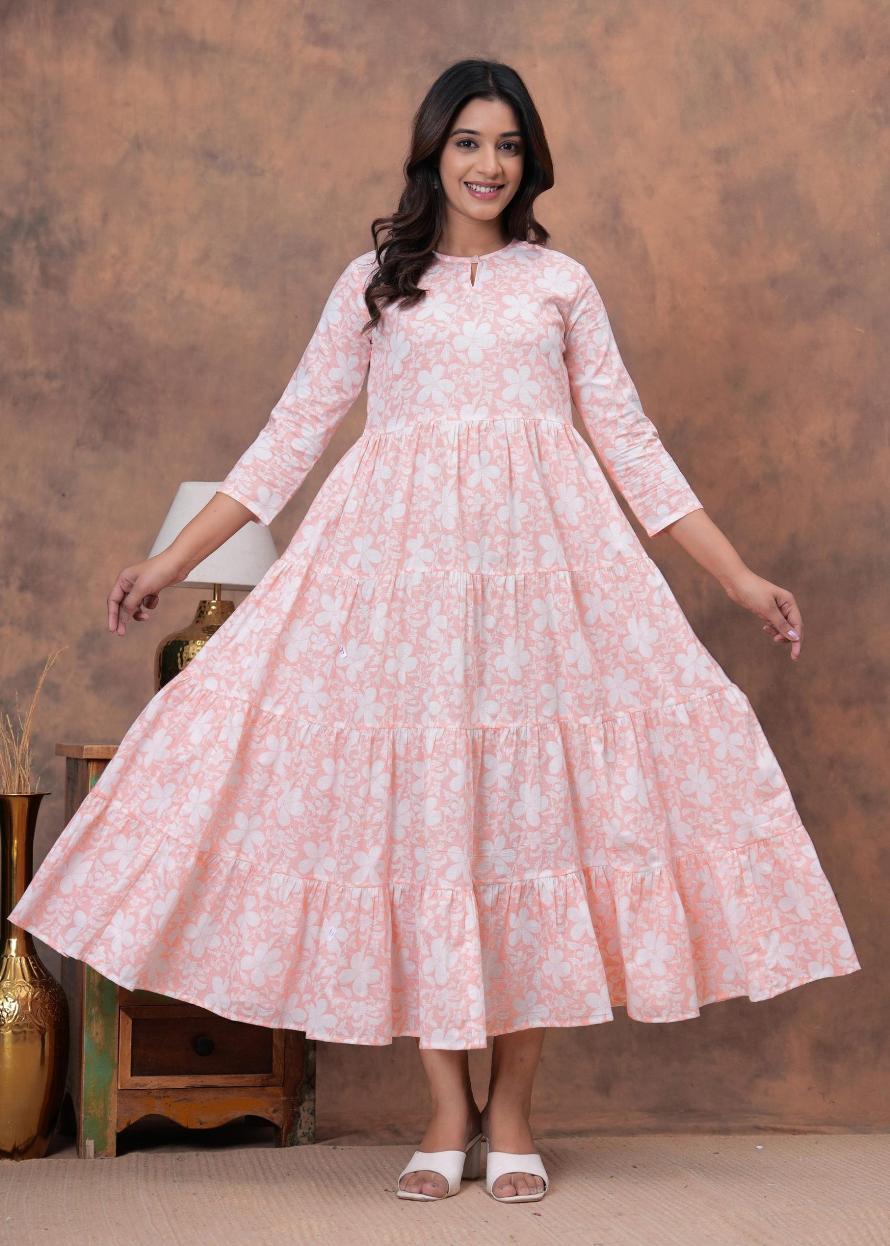 Kamee Peach Cotton Floral Dress with Three-Fourth Sleeves – Women’s Casual Dress