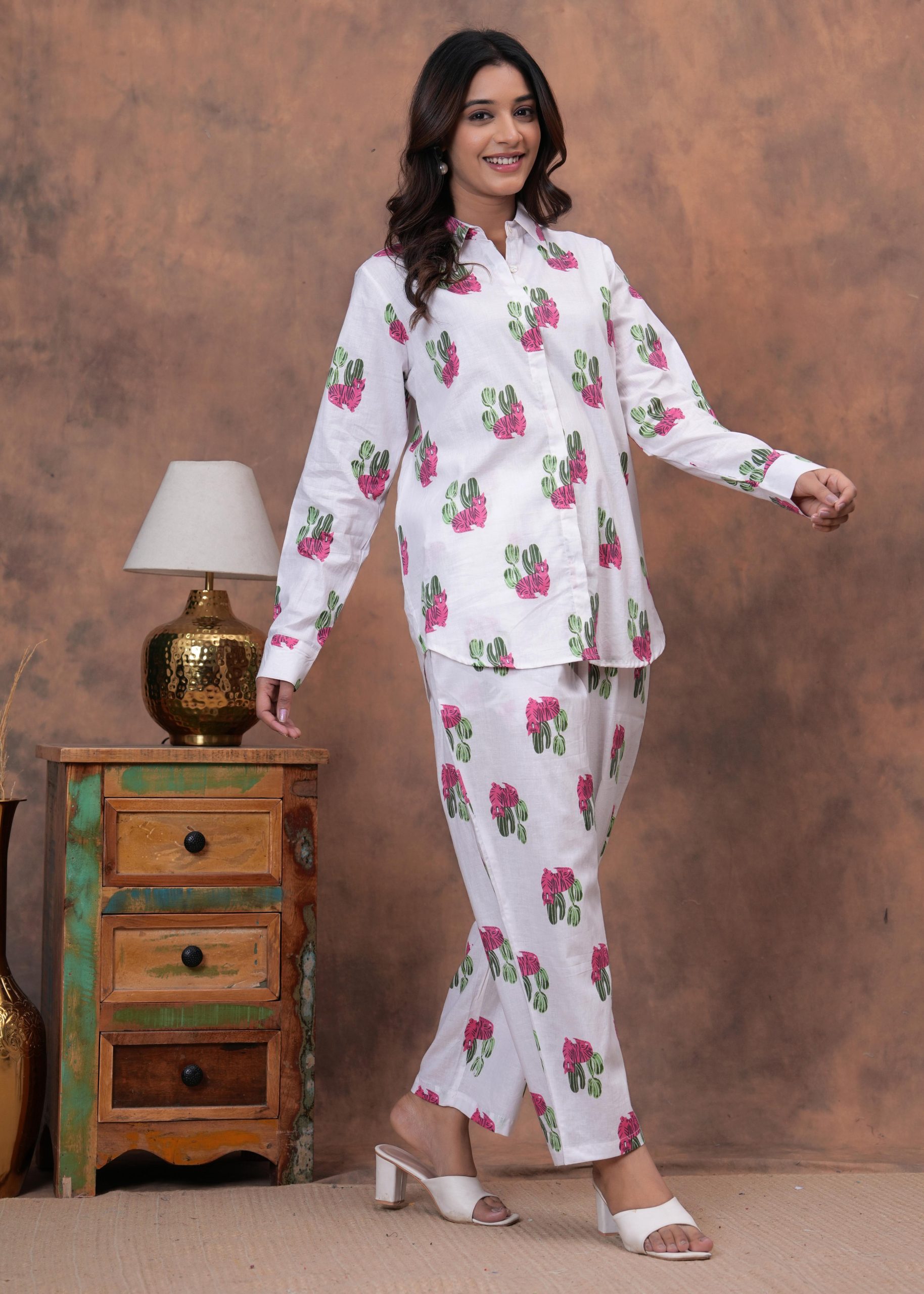 Kamee Women Pure Cotton Pink Shirt & Trouser Co-Ords Set for Women