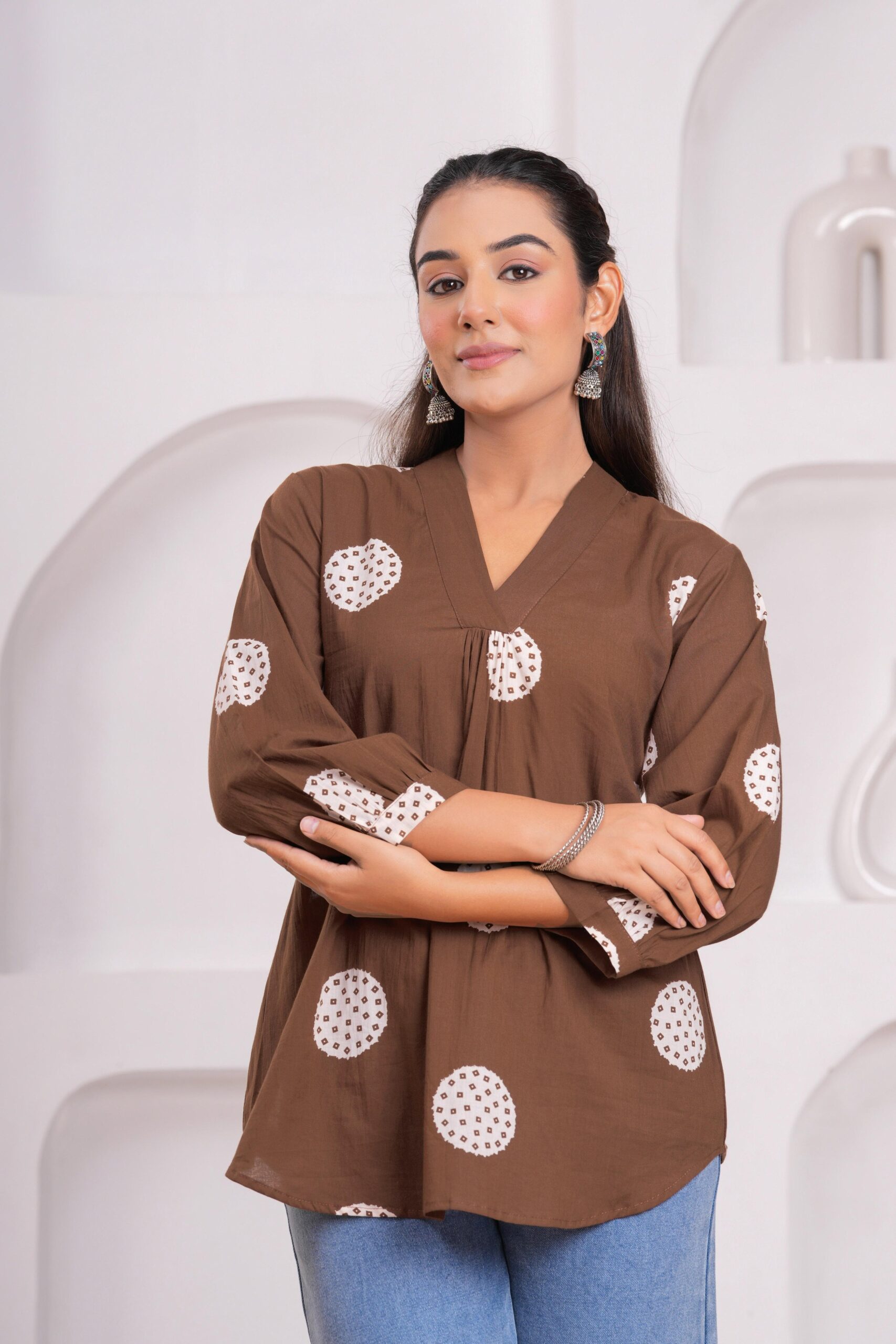 Kamee V-Neck Kurti in brown, made from 100% pure cotton