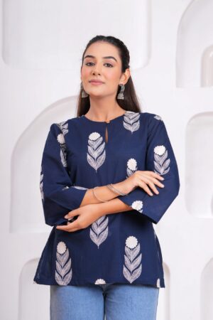 Kamee Printed Blue Kurti for Women, Pure Cotton Fabric