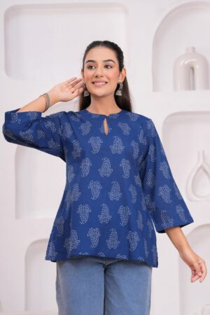 Kamee Printed Blue Kurti for Women, Pure Cotton Fabric