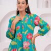 Kamee Floral V-Neck Kurti in teal, made from pure cotton