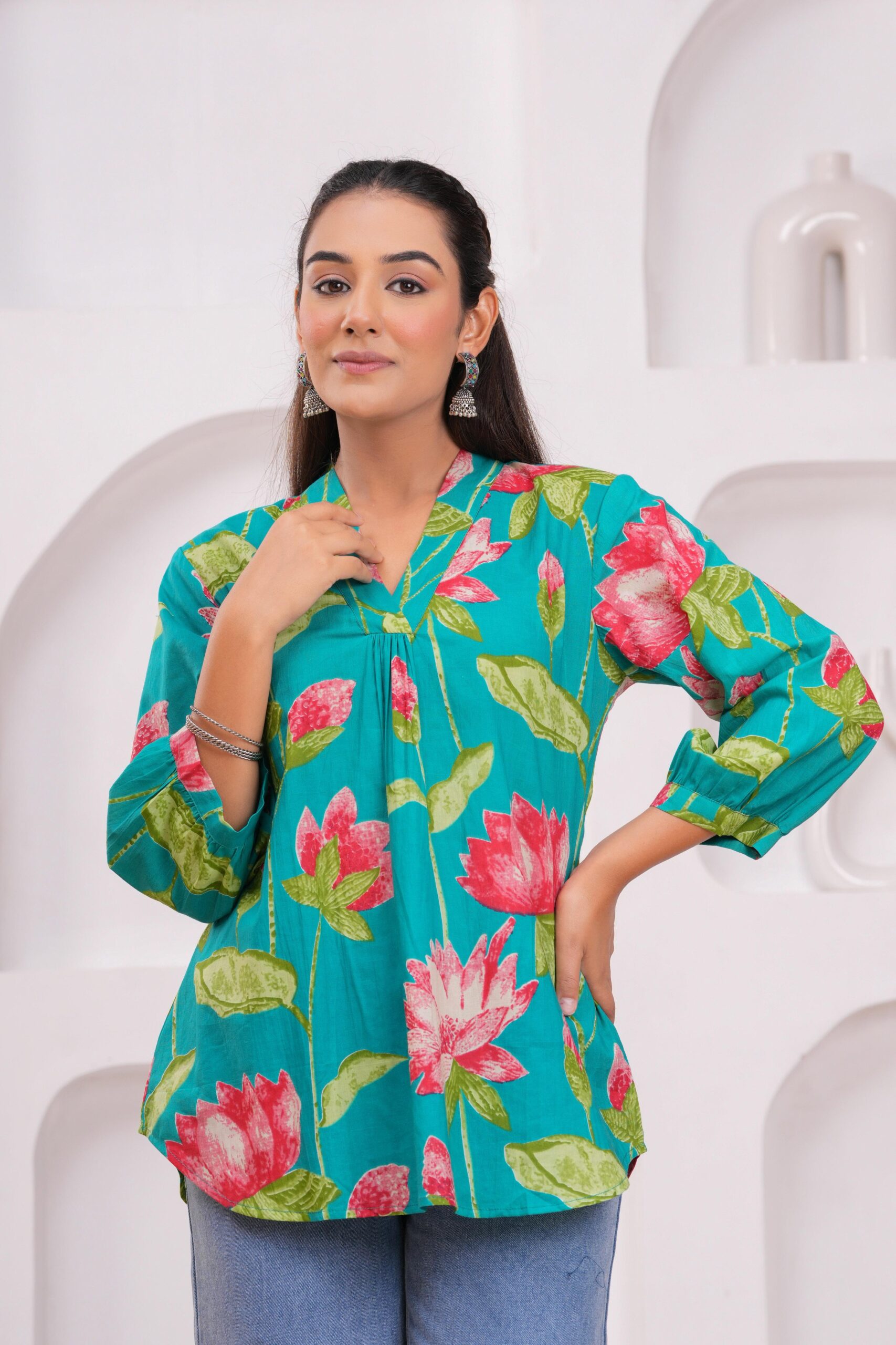 Kamee Floral V-Neck Kurti in teal, made from pure cotton