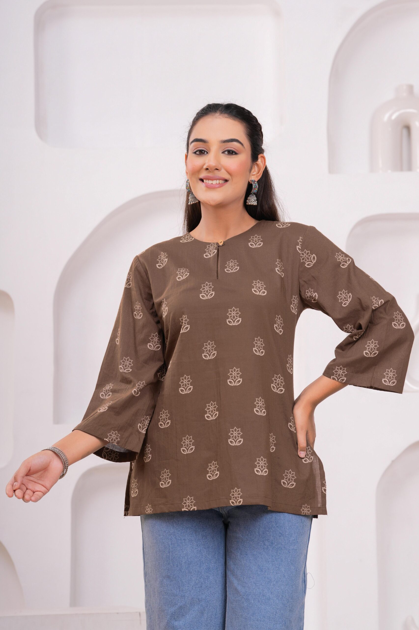 Kamee Floral Brown Kurti for Women, Pure Cotton Fabric