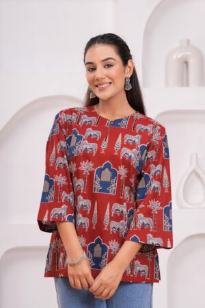 Kamee Red Kurti for Women, Pure Cotton Fabric