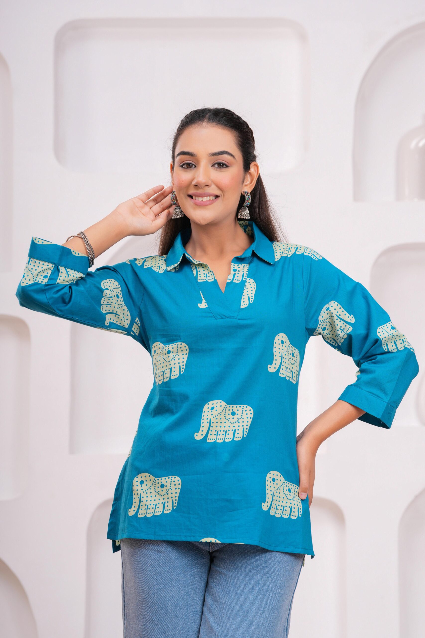 DSC03740copy Kamee Elephant Print V-Neck Kurti in blue, made from pure cotton
