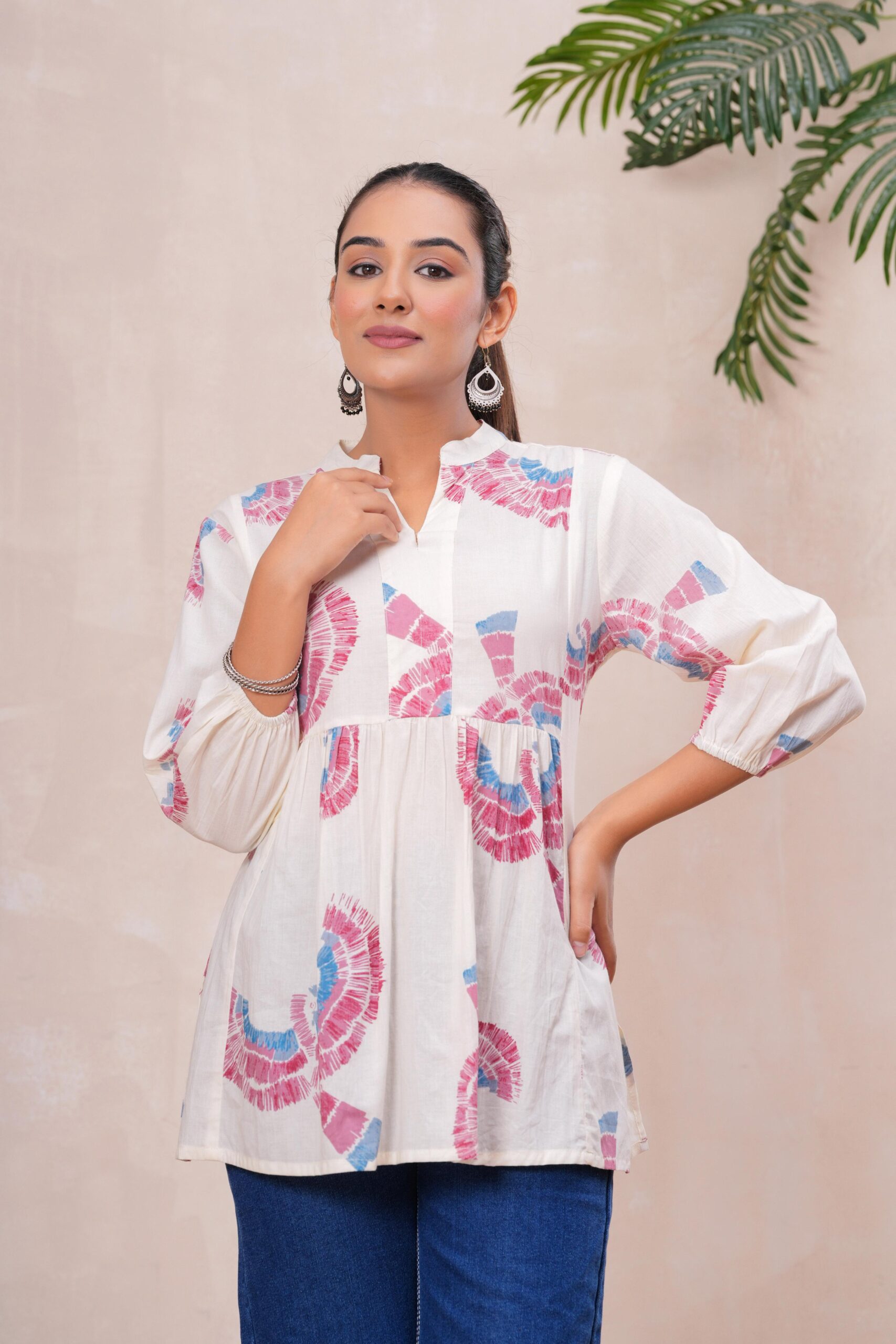 Kamee Floral V-Neck Kurti in white, made from pure cotton fabric