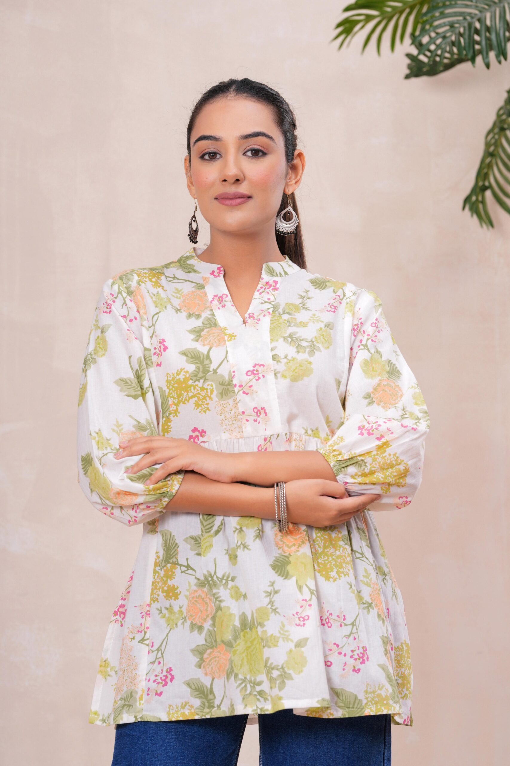 Kamee Floral V-Neck Kurti in white with green flowers, made from pure cotton