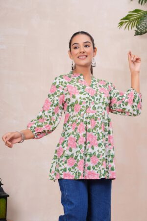 Kamee Floral V-Neck Kurti in pink with floral design, made from pure cotton