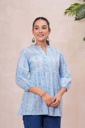 Kamee Floral V-Neck Kurti in blue, made from pure cotton
