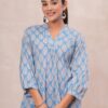 Kamee Leaf Pattern V-Neck Kurti in blue, crafted from pure cotton
