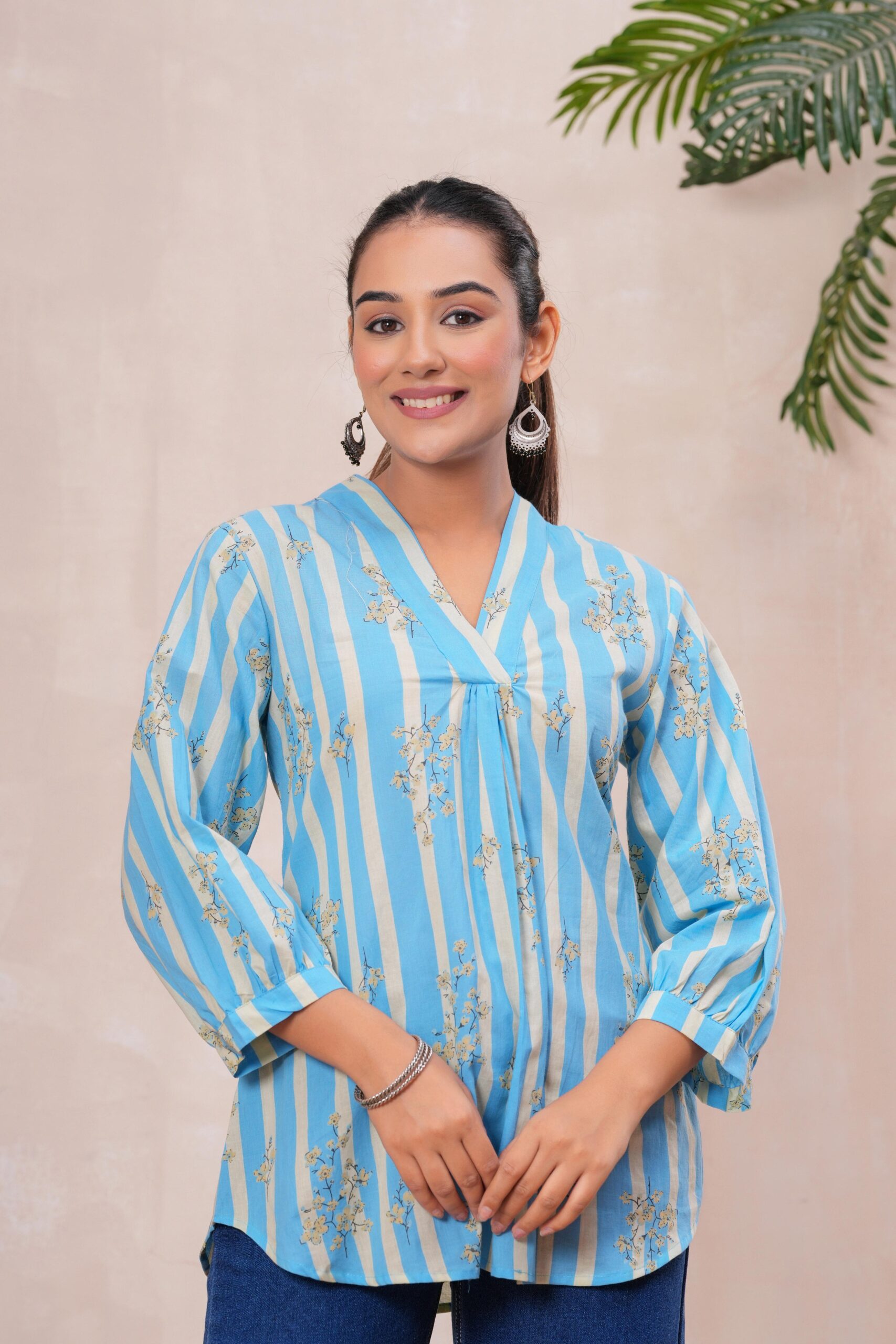 Kamee Floral V-Neck Kurti in blue, made from pure cotton