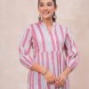 Kamee Pink Stripes V-Neck Kurti in white-pink, made from pure cotton