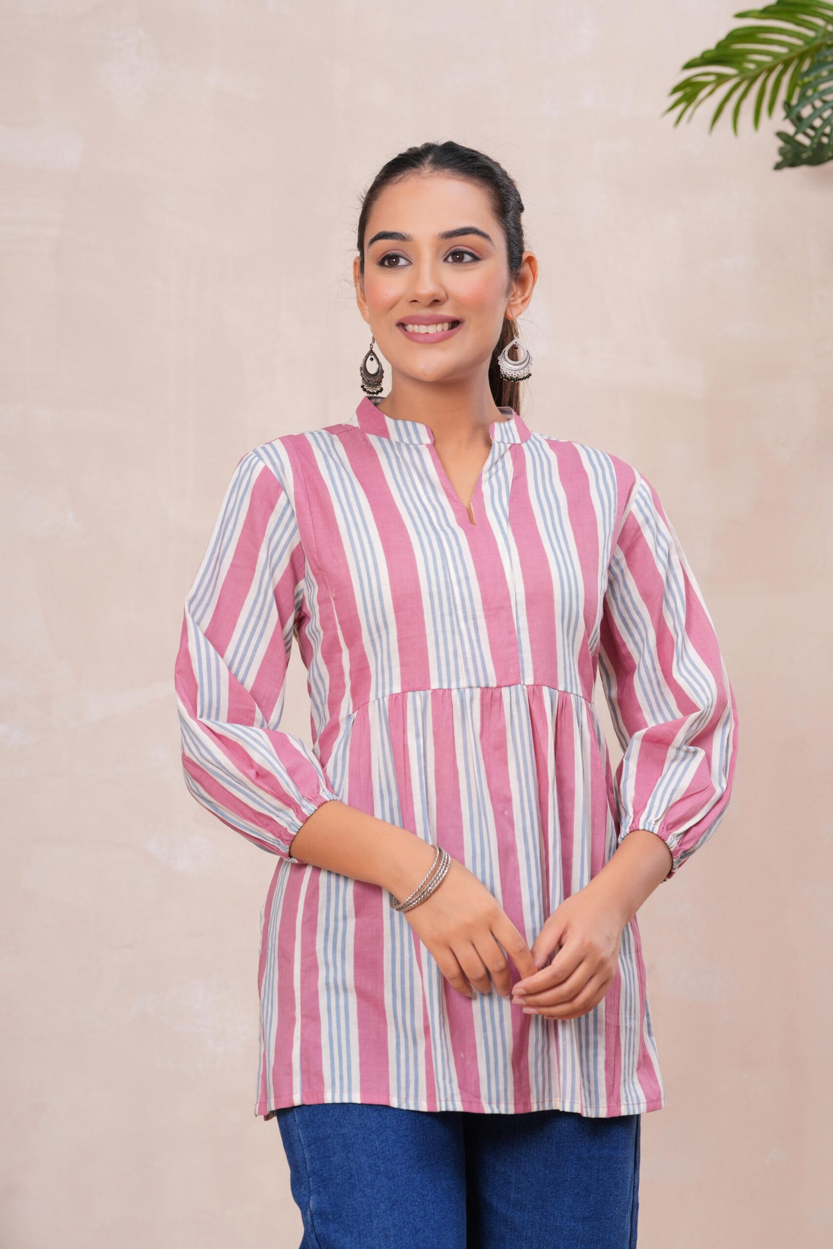 Kamee Pink Stripes V-Neck Kurti in white-pink, made from pure cotton