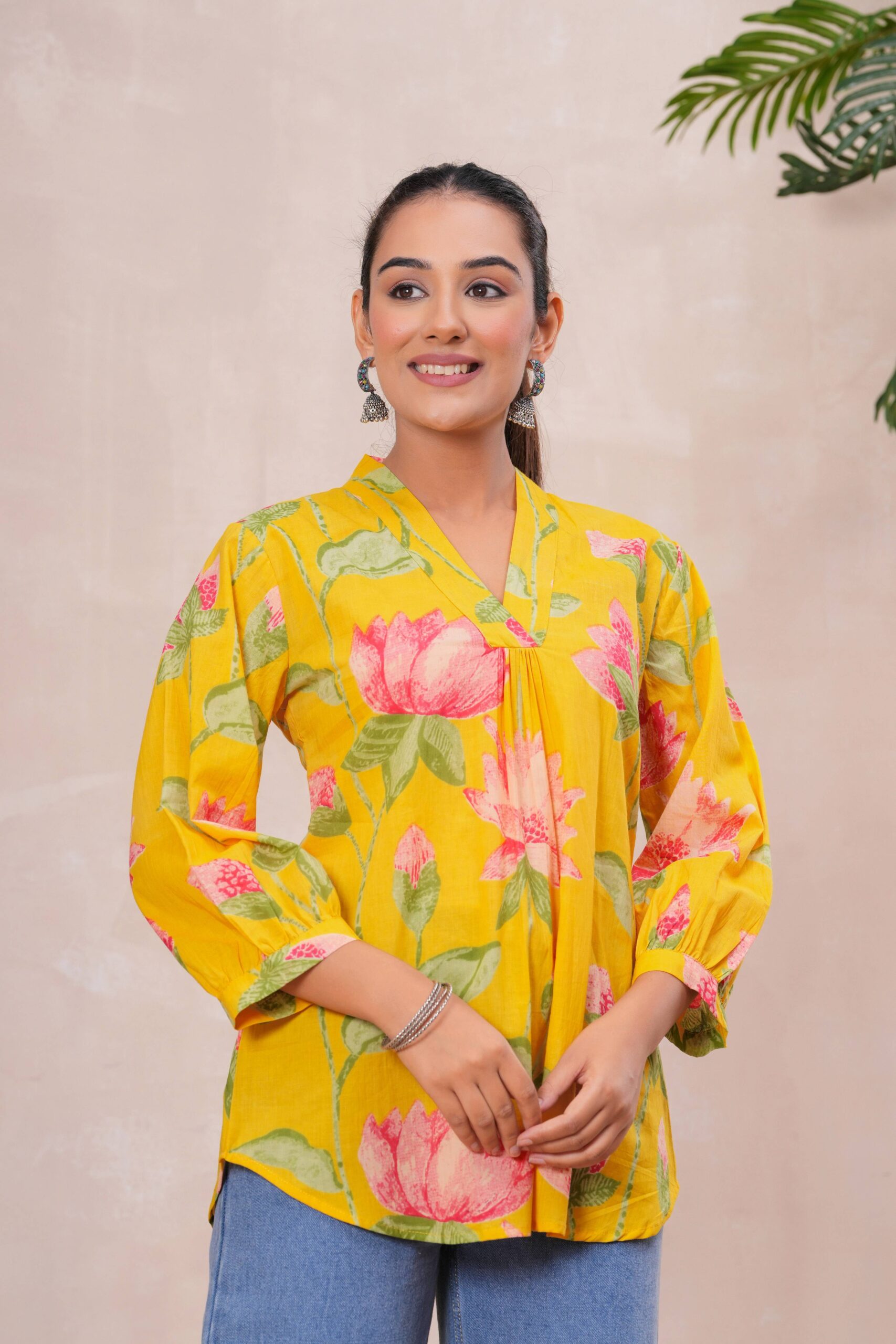 Kamee Printed V-Neck Yellow Kurti for Women, Pure Cotton