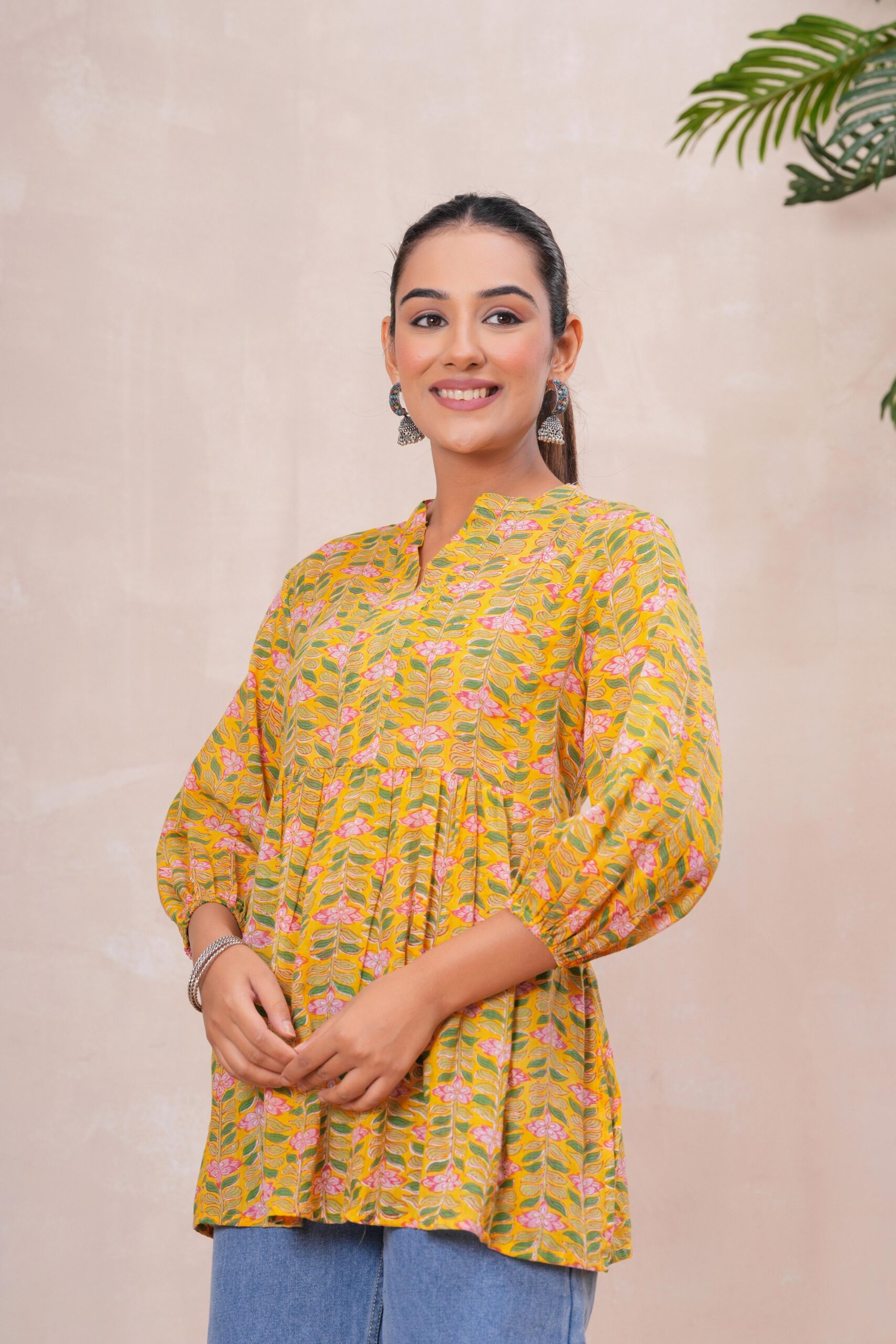 Kamee V-Neck Kurti in yellow, made from pure cotton fabric