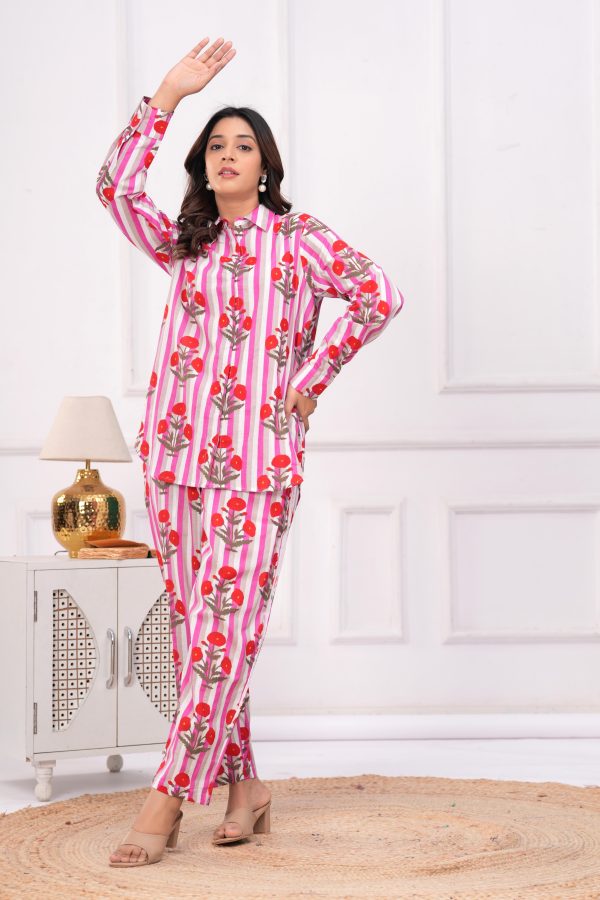 Kamee Women Pure Cotton Pink Striped Shirt & Trouser Co-Ords - Image 4