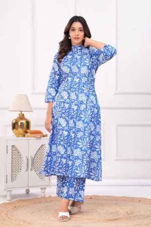 Kamee Women Pure Cotton Blue Floral Print Shirt & Trouser Co-Ords Set