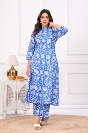 Kamee Women Pure Cotton Blue Floral Print Shirt & Trouser Co-Ords Set