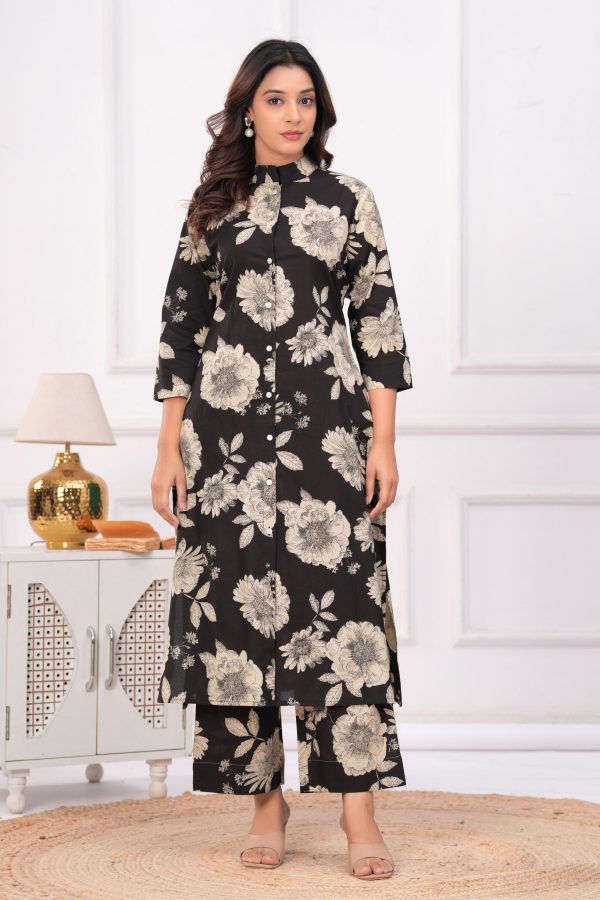 Kamee Pure Cotton Black Floral Print Co-Ord Set for Women - Image 5