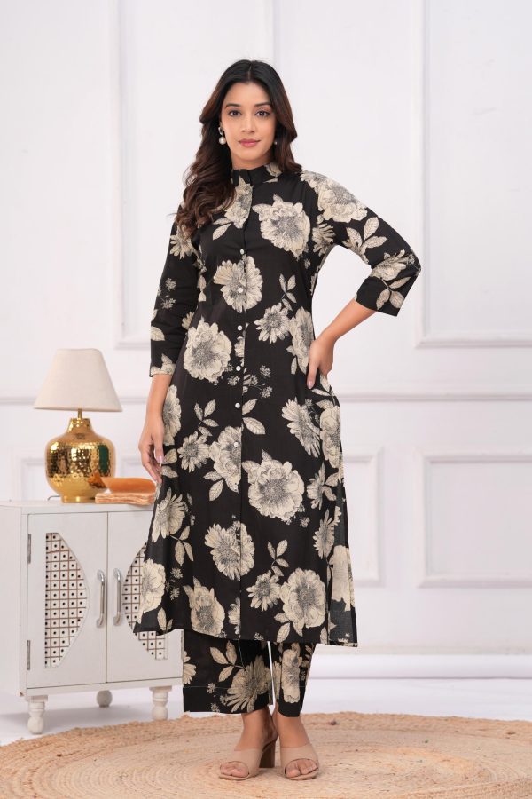 Kamee Pure Cotton Black Floral Print Co-Ord Set for Women - Image 6