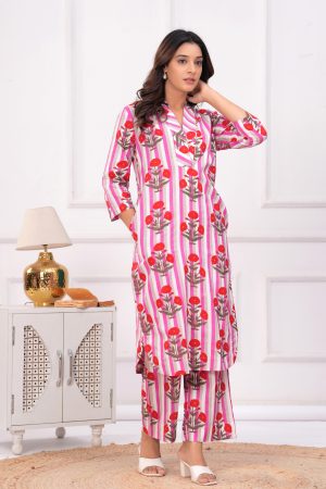Ka-mee Printed V-Neck Pure Cotton Co-ord Set