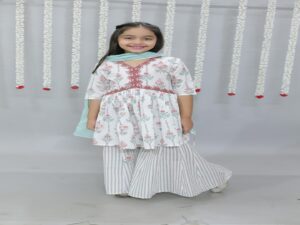Ka-mee Girls Floral Printed Mirror Work Pure Cotton Kurta With Sharara & Dupatta