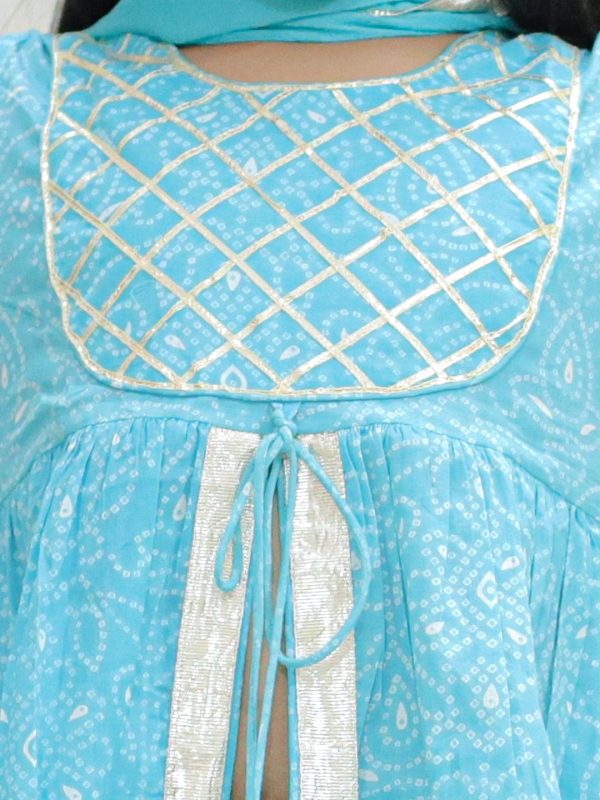 Ka-mee Girls Bandhani Printed Gotta Patti Pure Cotton Kurti With Sharara & Dupatta - Image 3